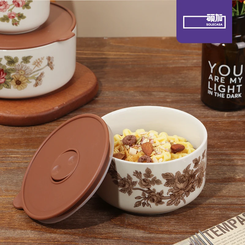 SOLECASA Elegant Rose Pattern Ceramic Lunch Box, Leak-Proof Bento Container for Work, Picnic & Fresh Food Keeping