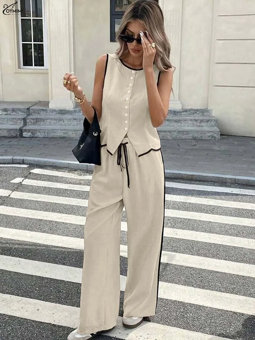 

Oymimi Fashion Apricot Cotton Women's Two Pieces Set Casual O-Neck Sleeveless Button Shirts And Patchwork Drawstring Pants Sets