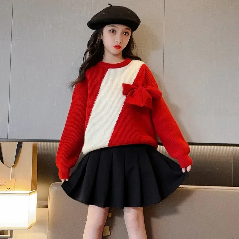 

Korean Autumn Winter Junior Girl Sweater Teenager Girl Pullover Color Blocking Top Elementary Cropped Sweaters Kid Bow Knitwears