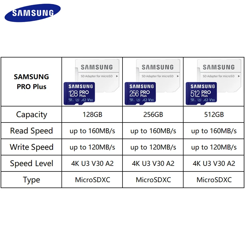 SAMSUNG-tarjeta de memoria Flash Micro SD, 32GB, 64GB, U3, A2, 128GB, 256GB, V30, 4K, 512GB, SDXC, C10, U1, tarjetas TF