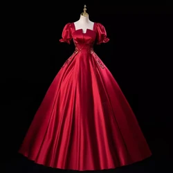 Custom Made Real Picture Princess Wine Red Formal Evening Dresses Short Sleeve Satin Prom Party Gown Occasion Quinceanera Wear