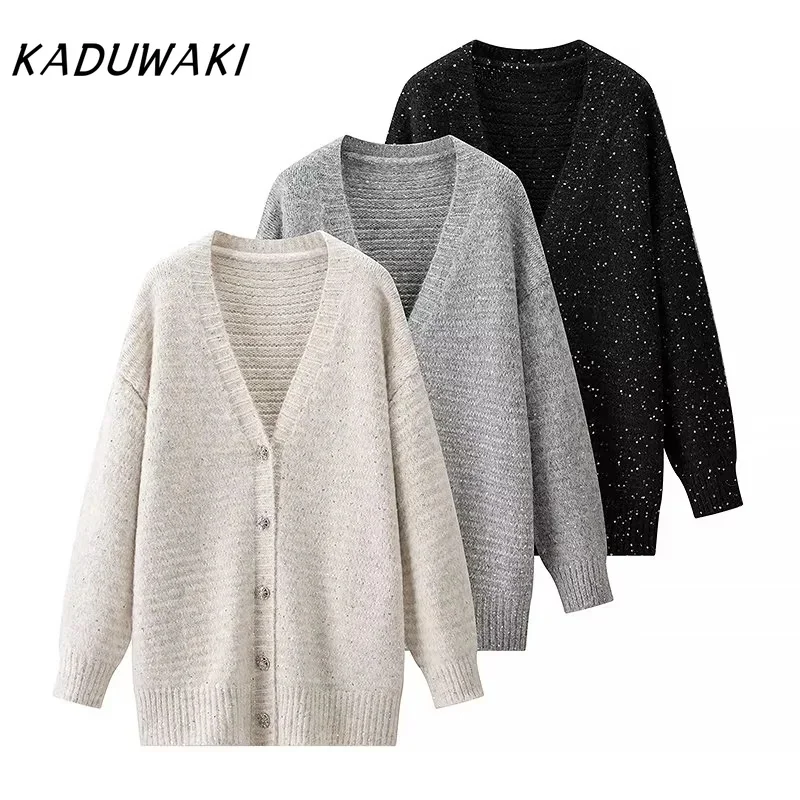 

KADUWAKI Autumn Winter Long Sleeves Single Breasted Knit Coat V-Neck Sweater for Women Female Loose Sequin Cardigan Sweater Coat