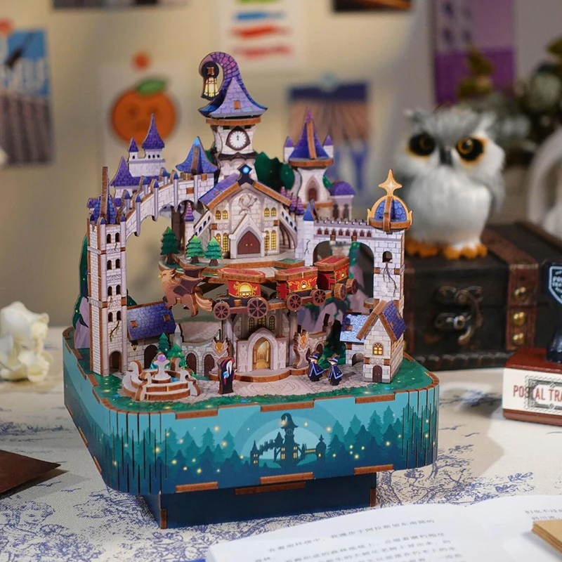 DIY 3D Wooden Magic Castle Music Box Miniature Model Kits Jigsaw Puzzles Train Can Move for Children Birthday Gifts Home Decor