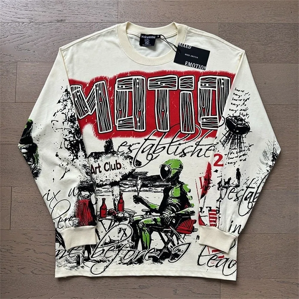 MIXED EMOTION Vintage Print Street Style Casual Fashion Men's and Women's Hip-Hop Long-Sleeved T-Shirt
