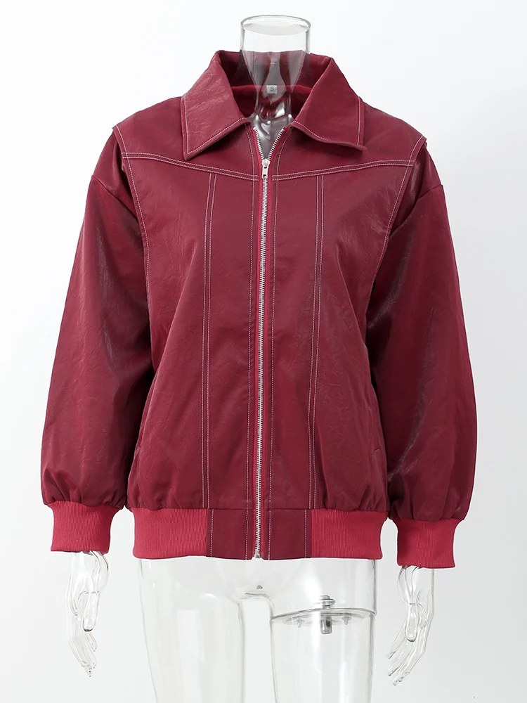 Veste en cuir décontractée à manches longues pour femmes, veste à glissière rouge vin, manteau court à revers, mode d'automne vintage