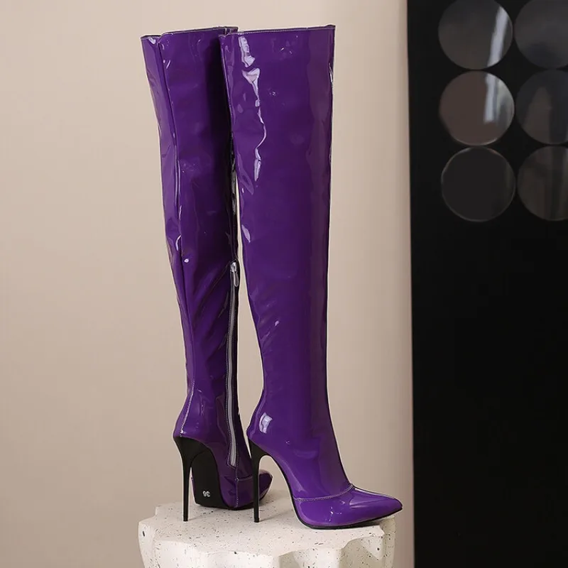 New Sweet Candy Color 12cm High Heels Over Knee Boots Women Fashion Steel Tube Dance Pointed Thin Heel Long Boots Size 35-48