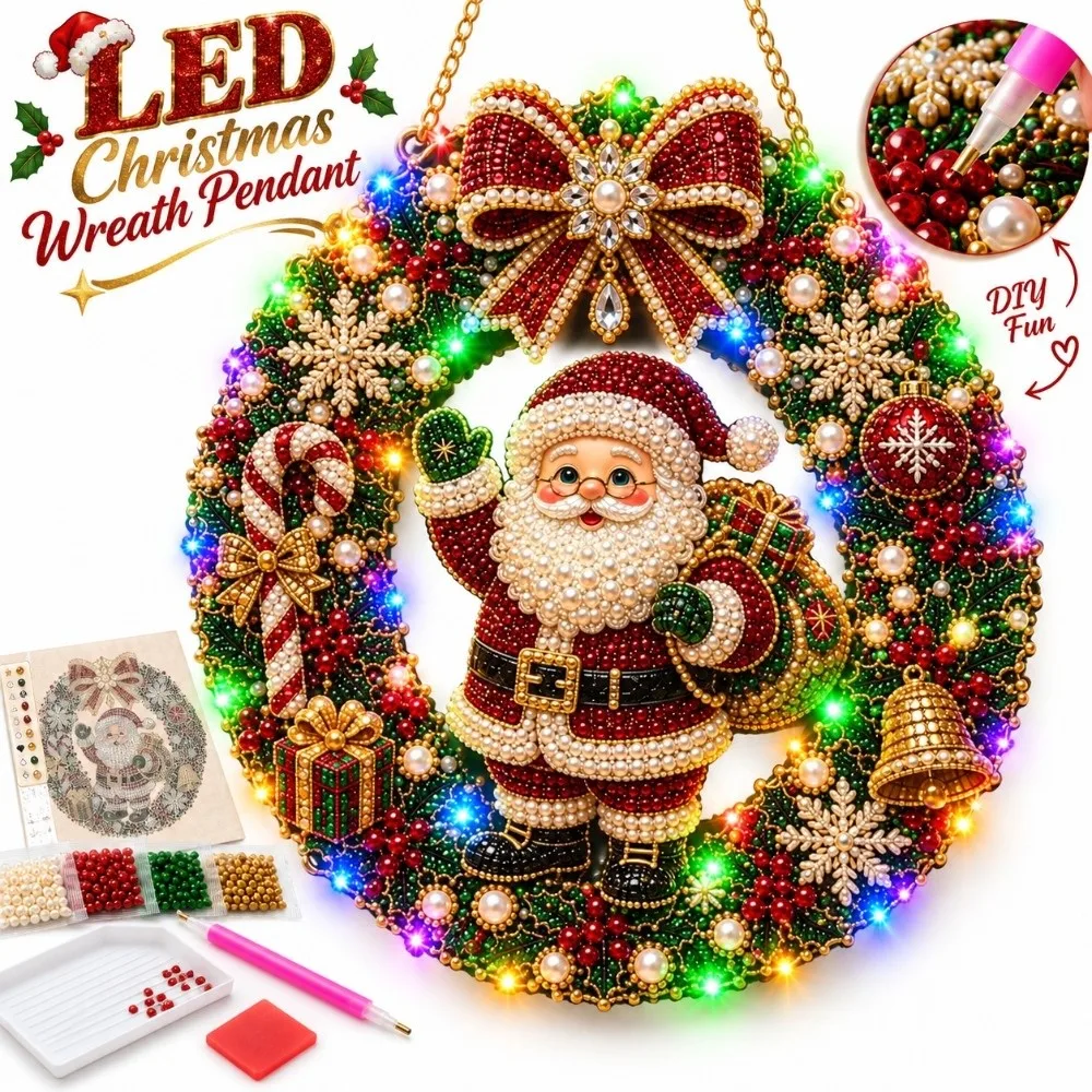Sparkling Christmas Wreath Pendant LED String Lights Glitter Diamond Painting Kits Decorative DIY Hanging Kit
