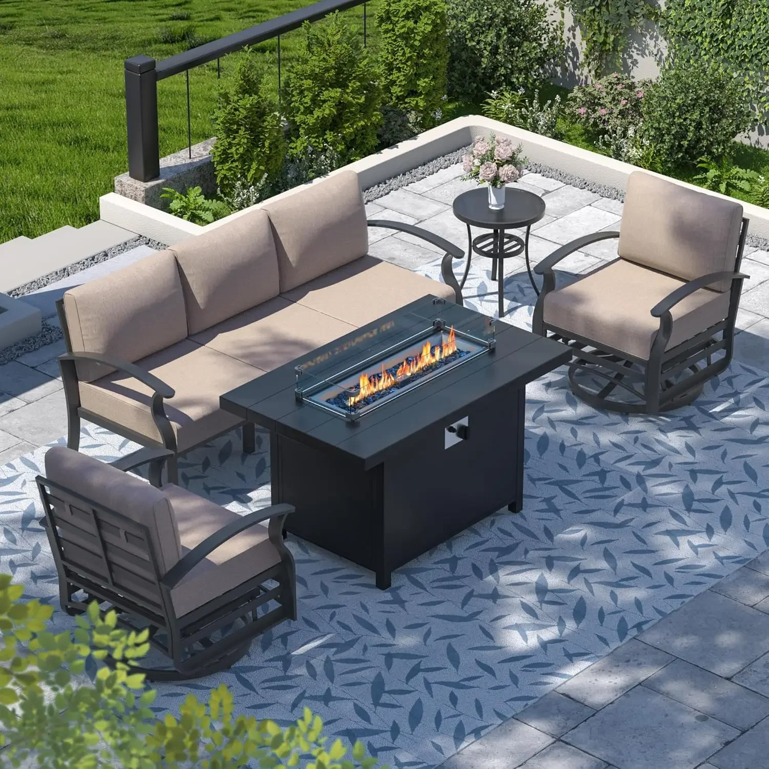 Aluminum  Furniture Set with Fire Pit Table, Swivel Chair Metal Patio Sectional Sofa with Upgrade Cushions for Patio