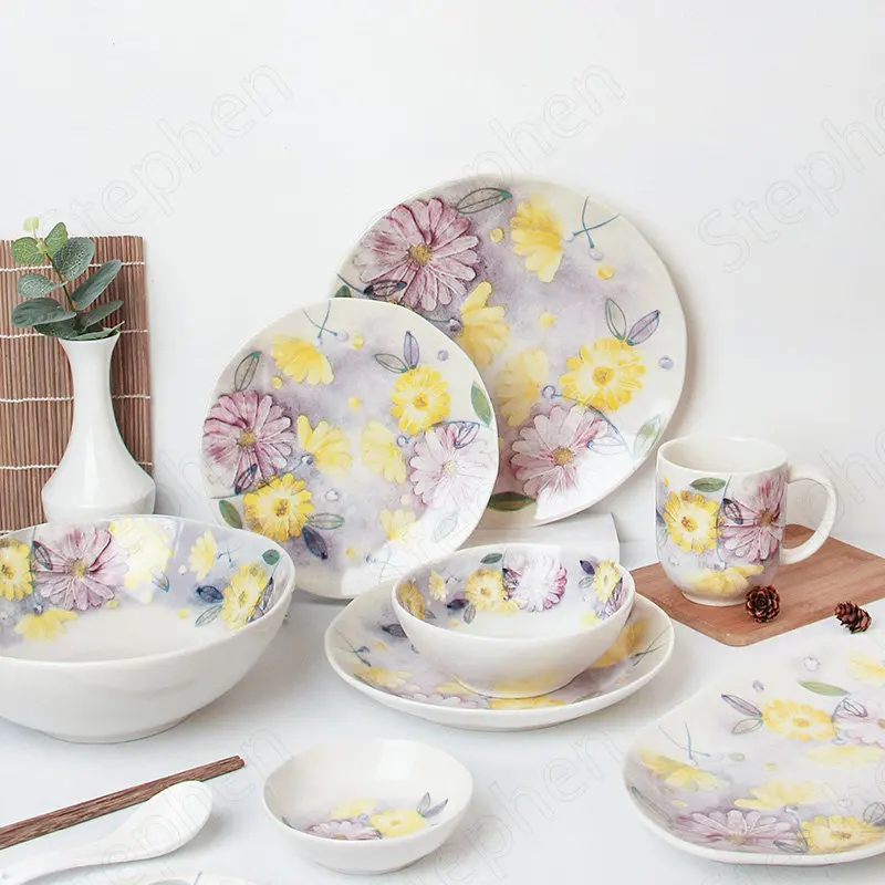 Japanese Multiflora Daisy Ceramic Plate Modern Overglaze Flowers Decorative Dinner Set Plates and Dishes Afternoon Tea Tableware