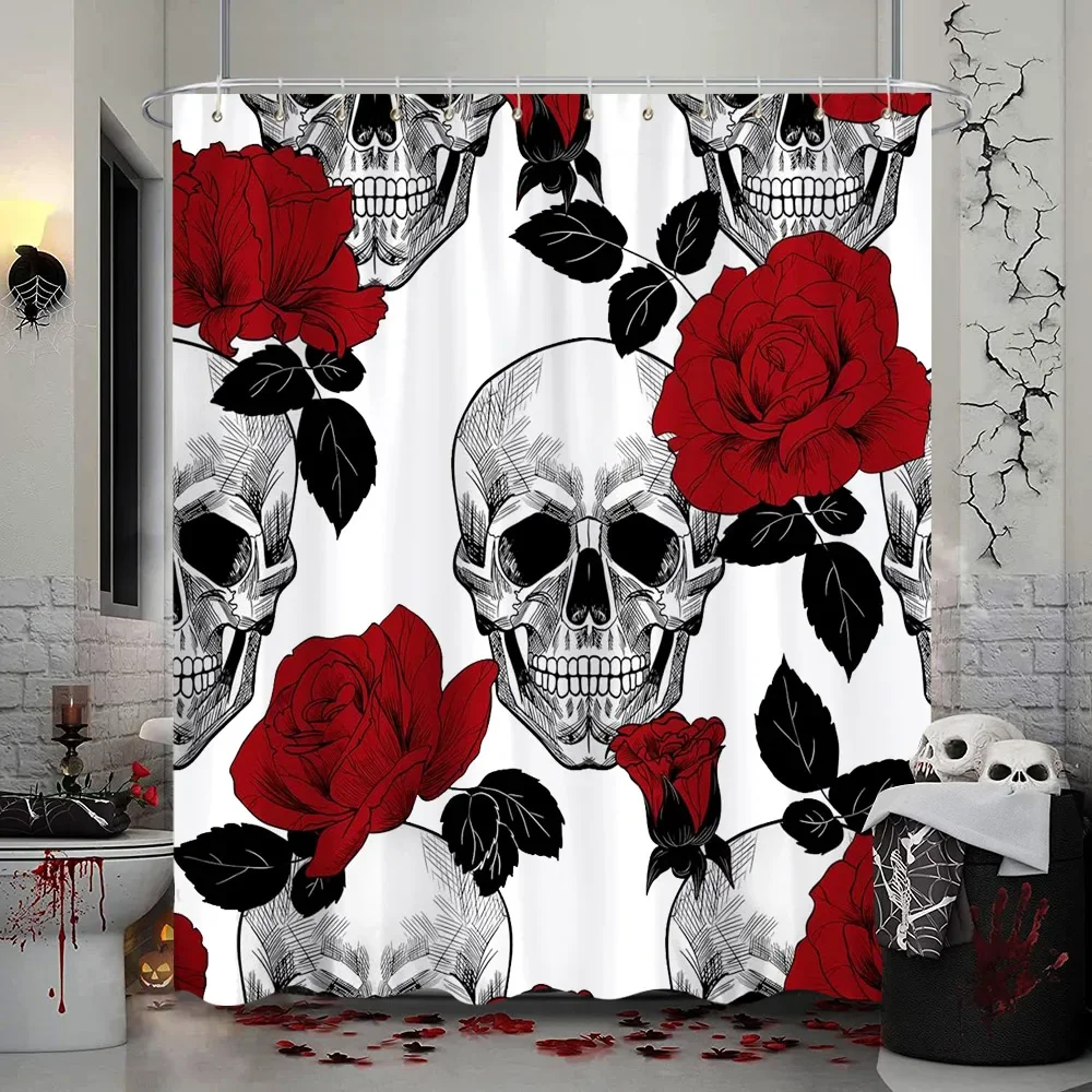 Halloween Skull Shower Curtain Sugar Rose Flowers Skull Skeleton All Saints Day Black and White Fabric Bathroom Decor With Hooks