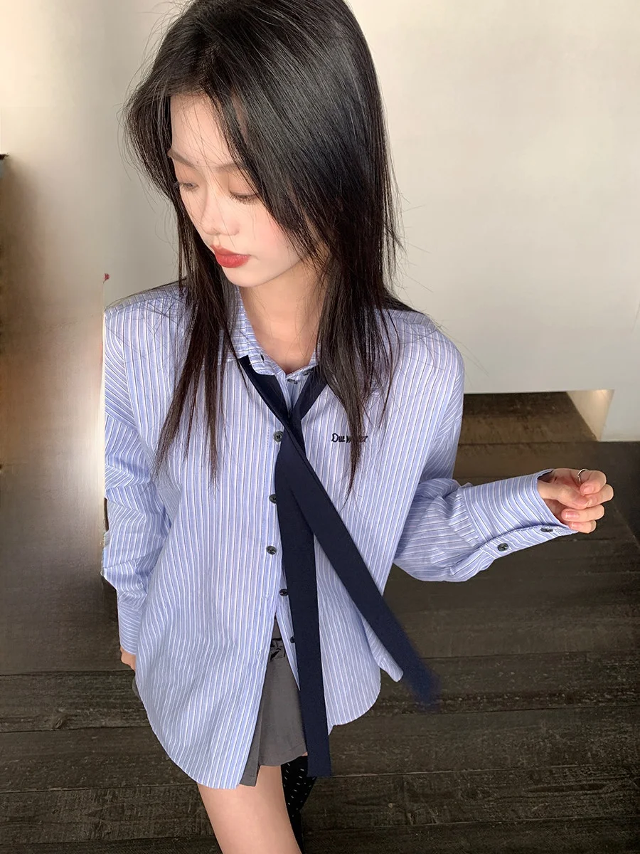 

Женская дышащая рубашка Sinbounboun в корейском стиле с воротником, в полоску, с вышитыми буквами, из хлопка и полиэстера