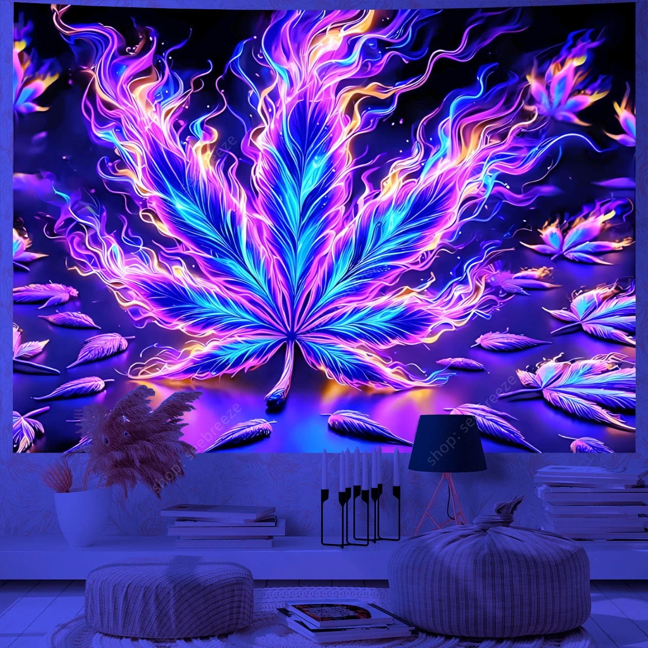 Neon Cannabis Leaf UV Reactive Tapestry Party Backdrop Art Poster for Men Room Bedroom Decor Mandala Witchcraft Wall Hanging