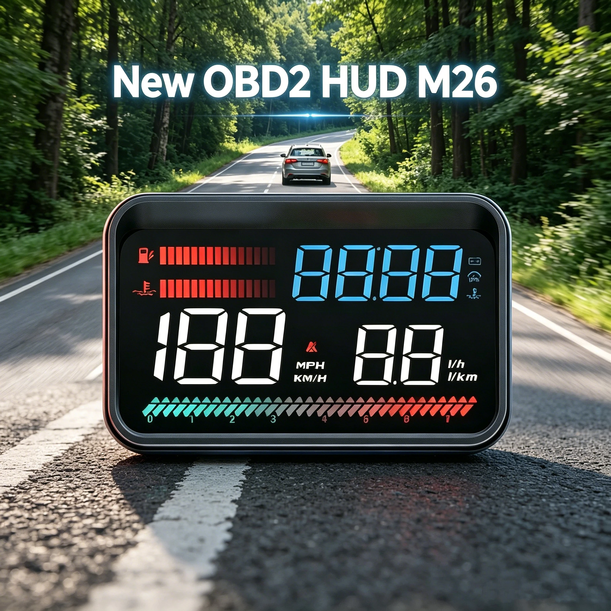 Plug & Play Universal Car Fit multi-alarms Digital Windshield M26 4-inch LED HUD with OBD2 Speed ECU Function Water Temperature