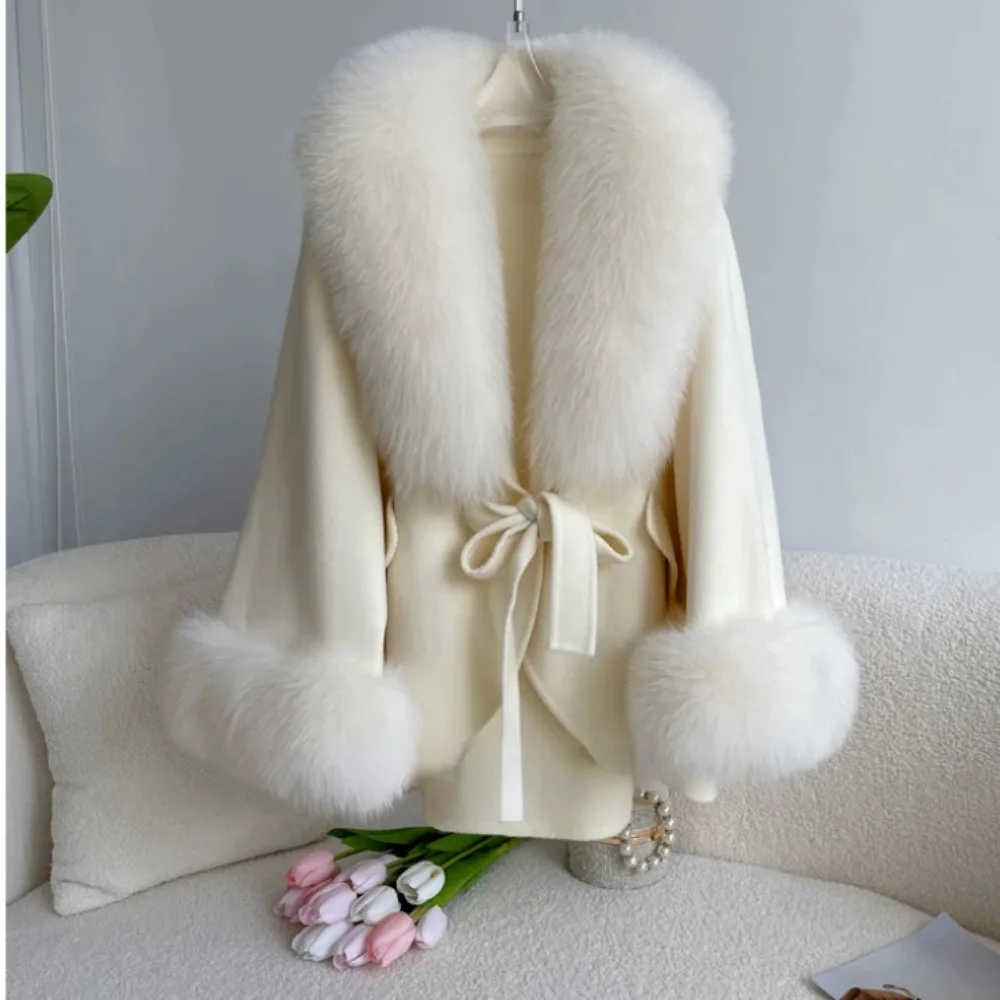 OFTBUY 2024 Fashion Winter Autumn Women Woolen Jacket Real Big Fur Detachable Collar Loose Cashmere Blends Luxury Fashion Cloak