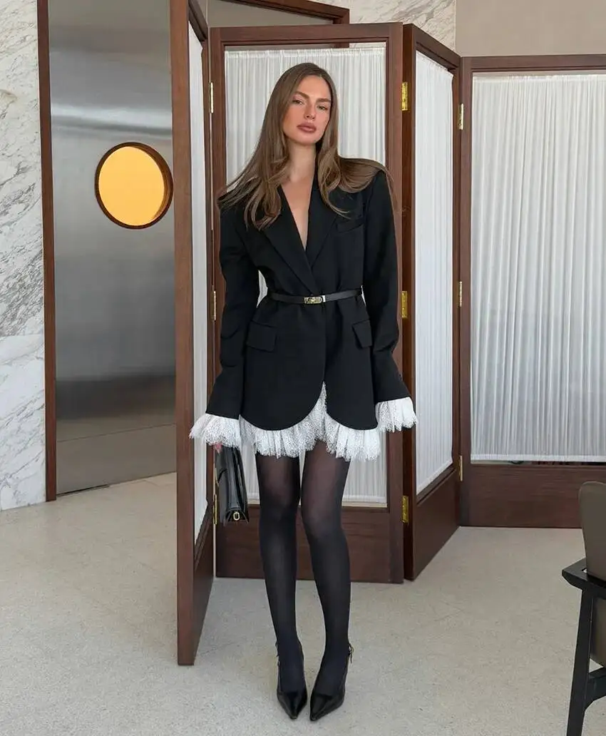 

Elegant Lace Blazer Coat Women Fashion Office Lady Full Sleeve Single Breasted Jackets 2026 New Autumn Black Casual Slim Coats