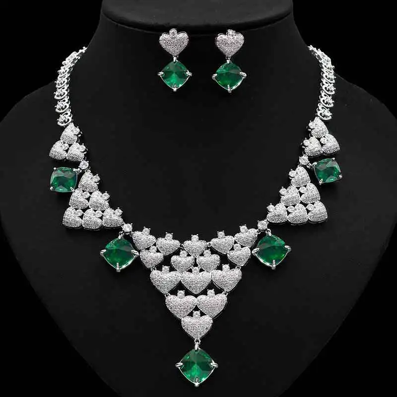 

Vintage 14K Gold Lab Emerald Diamond Jewelry set Party Wedding Earrings Necklace For Women Bridal Engagement Anniversary Jewelry