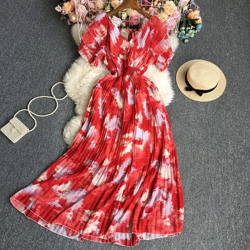 

Tie Dye Short Sleeve Dress 2023 Summer Women V-Neck Korean Fashion Printed Chiffon Pleated Dress Lace Up Back Beach Robe T1914