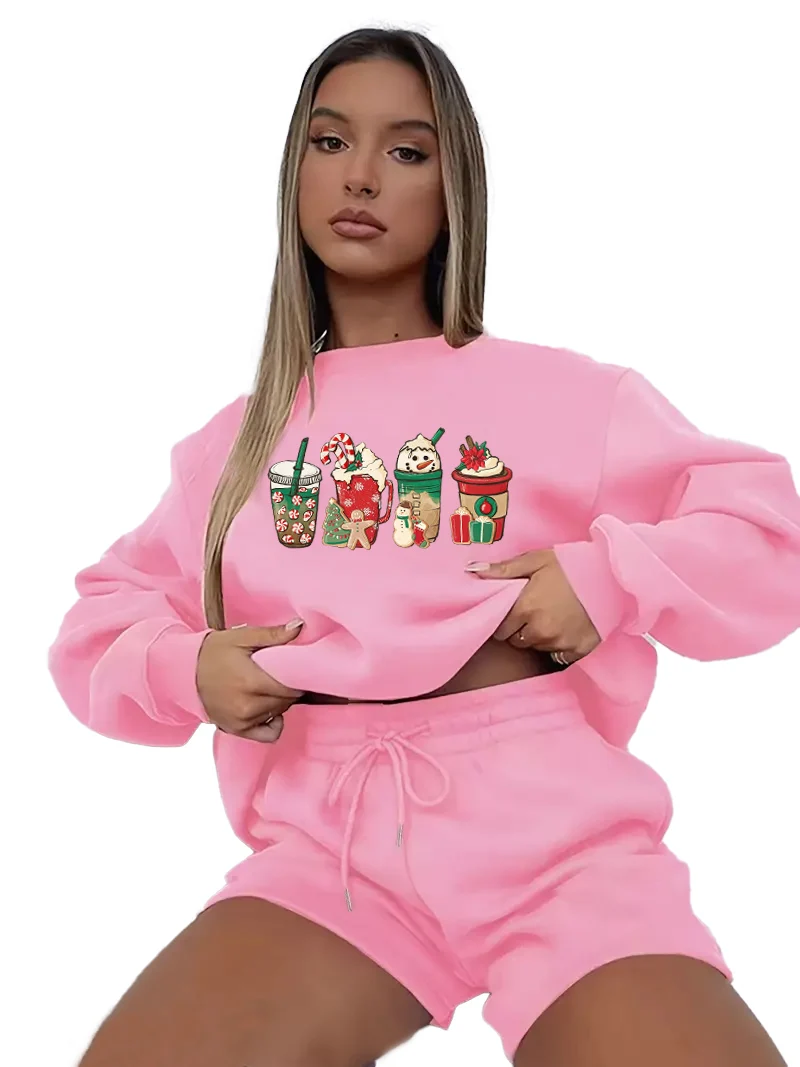 

Happy Ice Christmas Festival printed two-piece set, casual crewneck hoodie and drawstring shorts set, women's wear