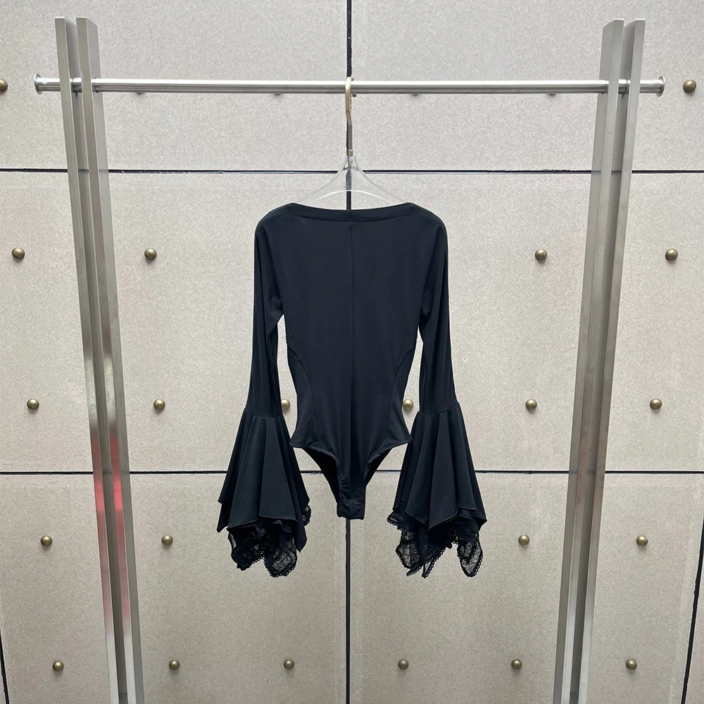 Women Draped Cowl Neck Bodysuit Long Flare Bell Sleeve Lace Trim Jumpsuit Top Slim Elegant Party Clubwear Stretchy Soft Blouse