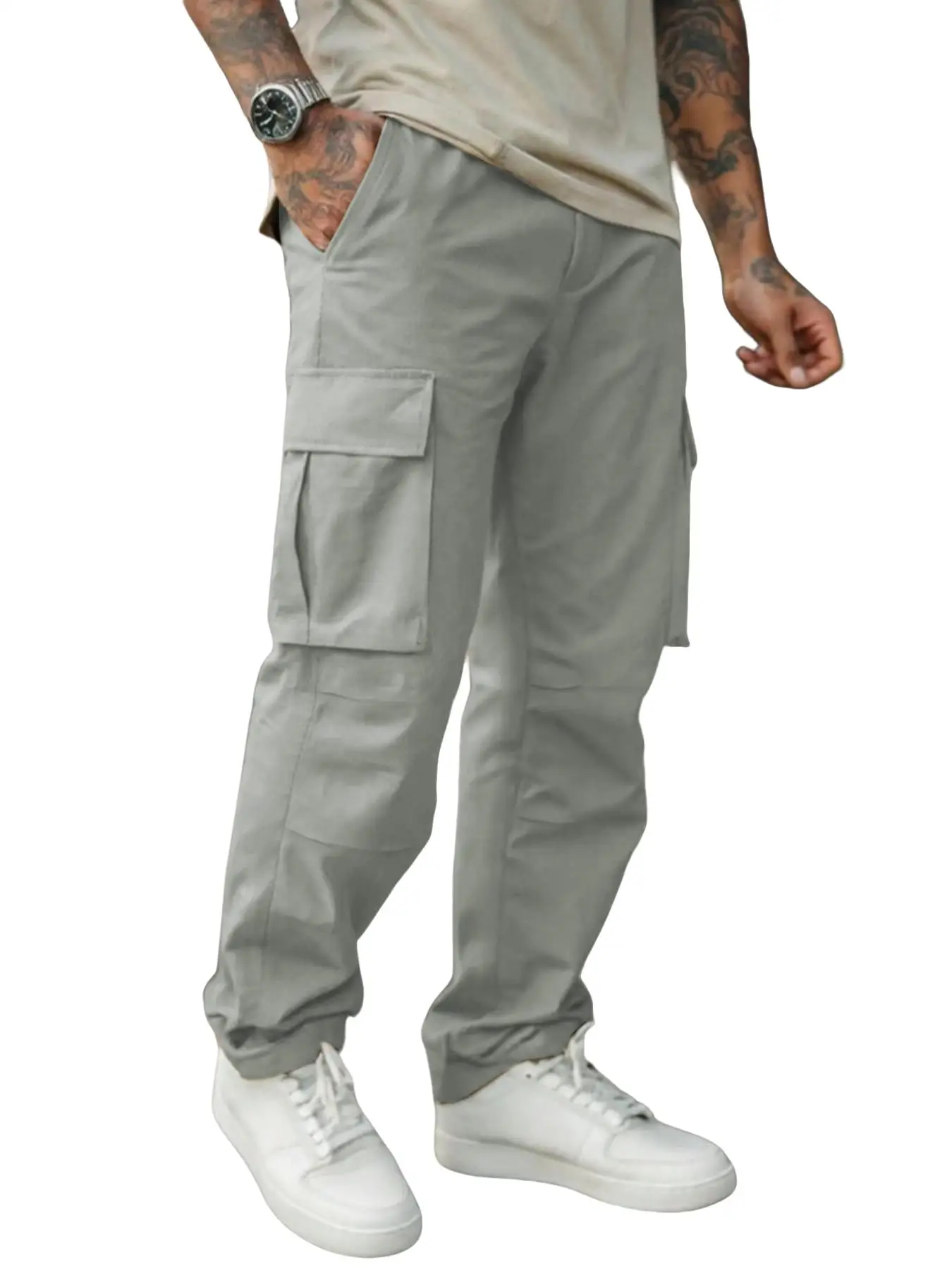 Herren Einfarbige Cargohose Regular Fit Lässige Gerade Hose mit Pattentaschen und Kordelzug für den Alltag – Detail 23