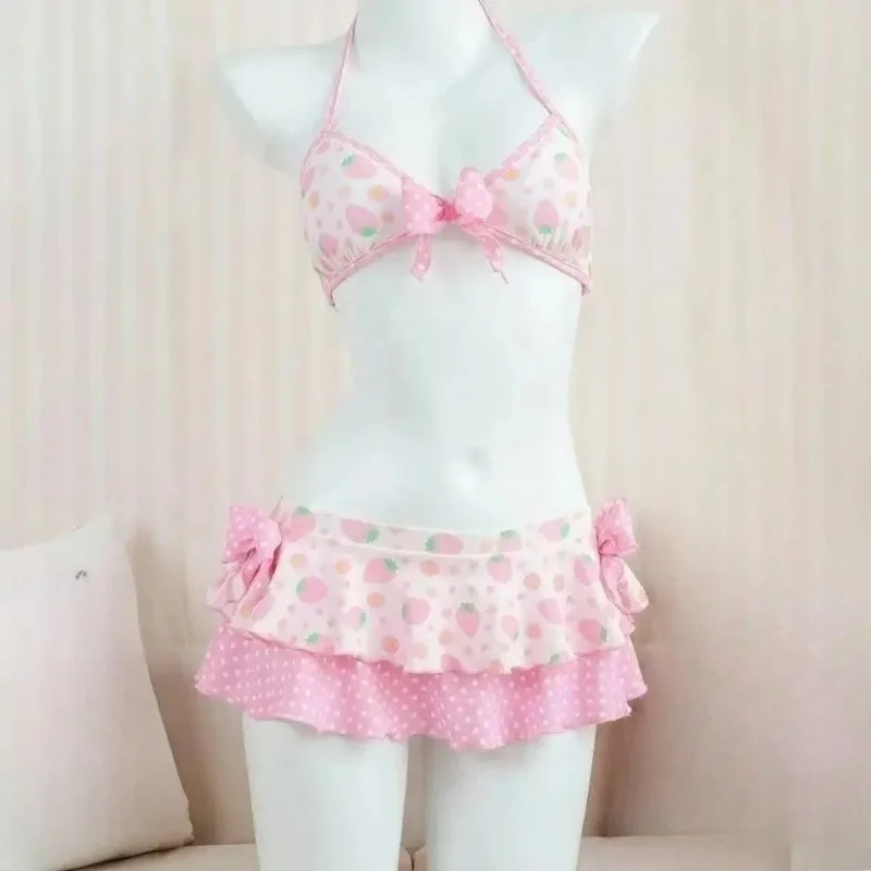QQ Japanese Style Kawaii Girls Swimsuit Sweet Printed Halter Bikini Women Ruffle Bathing Suit Swim HighWaist Split Trendy Summer