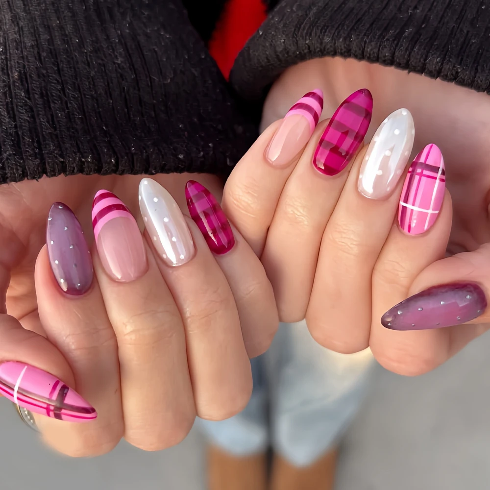 

24Pcs Almond-Shaped Nails with Simple and Stylish Colorful Stripes, Elegant Polka Dot Design, Suitable for Women for Dating and Daily Wear, Mother's Day Gift, Removable Press-On Nail Set with Jelly Adhesive and File