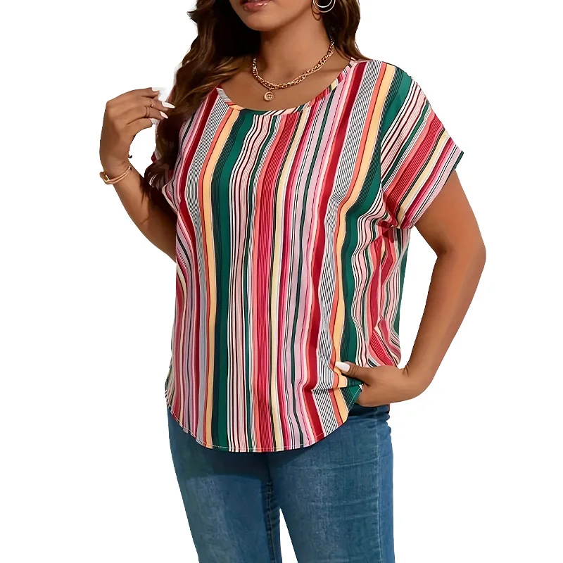 Plus size women's shirt, multi-color striped printed shirt with bat sleeves and round neck casual top, suitable for daily wear image 6