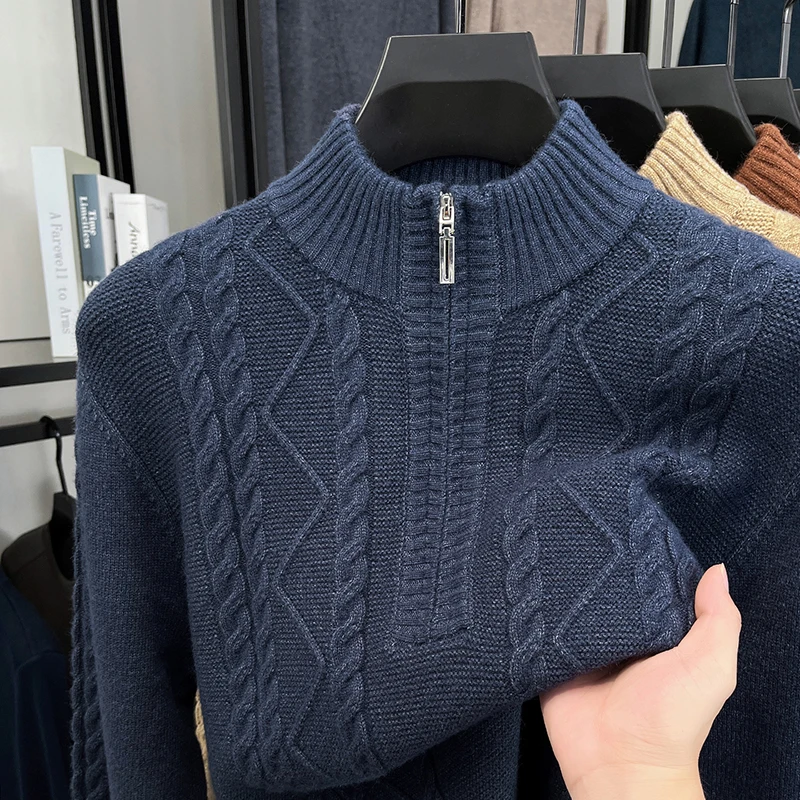 

Light luxury fashion zipper semi high neck sweater men knit new trend solid color jacquard autumn winter warm thicken pullover