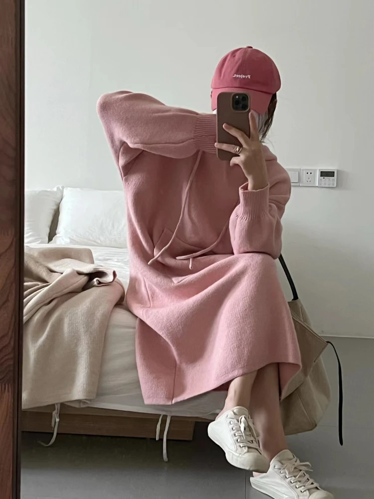 Jesienno-zimowe bluzy z kapturem, sukienki swetrowe dla kobiet, modne sukienki midi z koronkowym wiązaniem na dole, z kapturem, długie sukienki, ciepłe, codzienne, luźne bluzy.