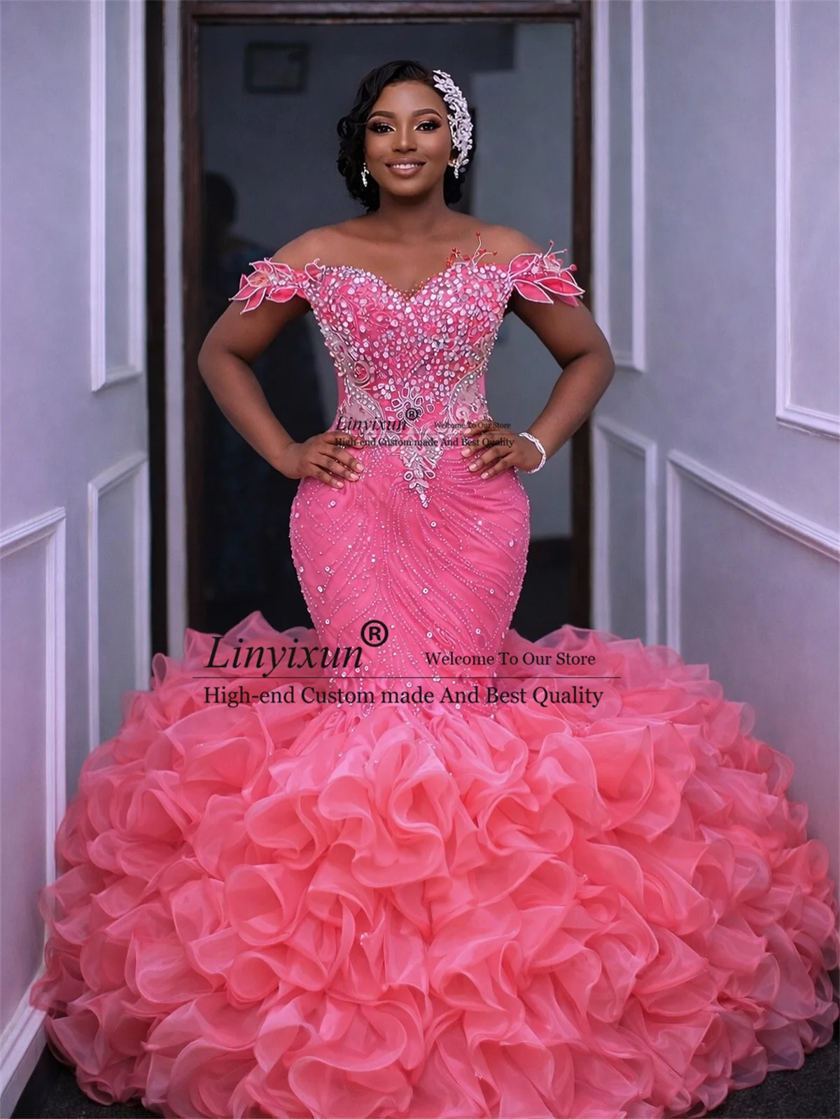 Aso Ebi Mermaid Prom Dresses Customized 3D Floars Sequins Diamond Evening Gala Gowns African Dubai Ruffles Wedding Party Dress