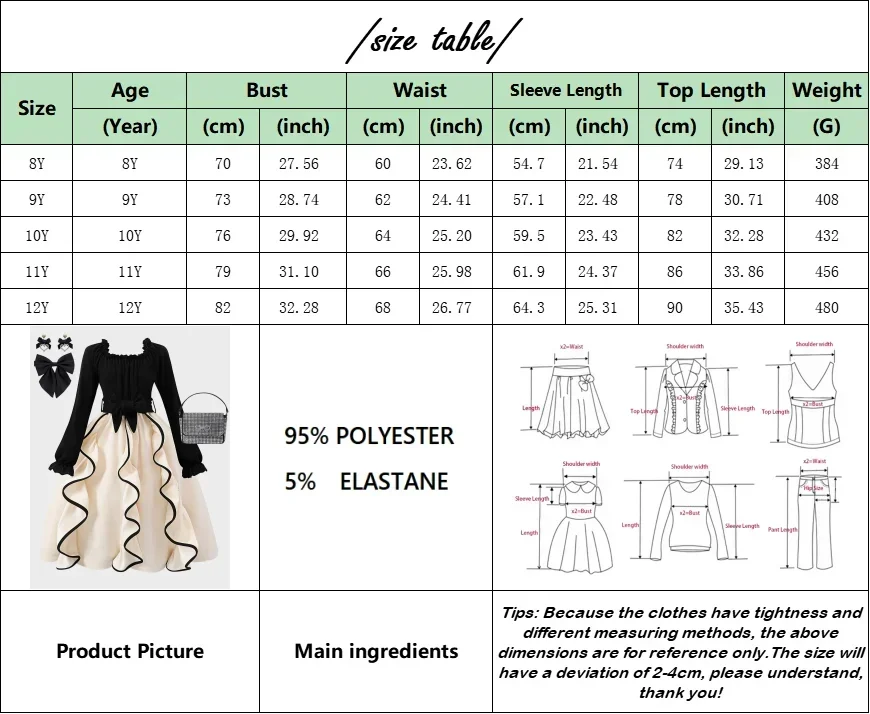 2024 Kid Girls Dress Long Sleeve Spring Autumn Square Neck Children Ceremonial Dress Gift Princess Dress Girls Clothing 8-12Y