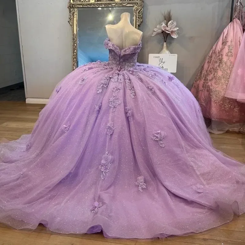 Glänzende lavendelfarbene lila Quinceanera-Kleider mit Blumenapplikationen, herzförmiger Tüll, trägerloses Ballkleid, Korsett, süßes Vestido de 15 Jahre