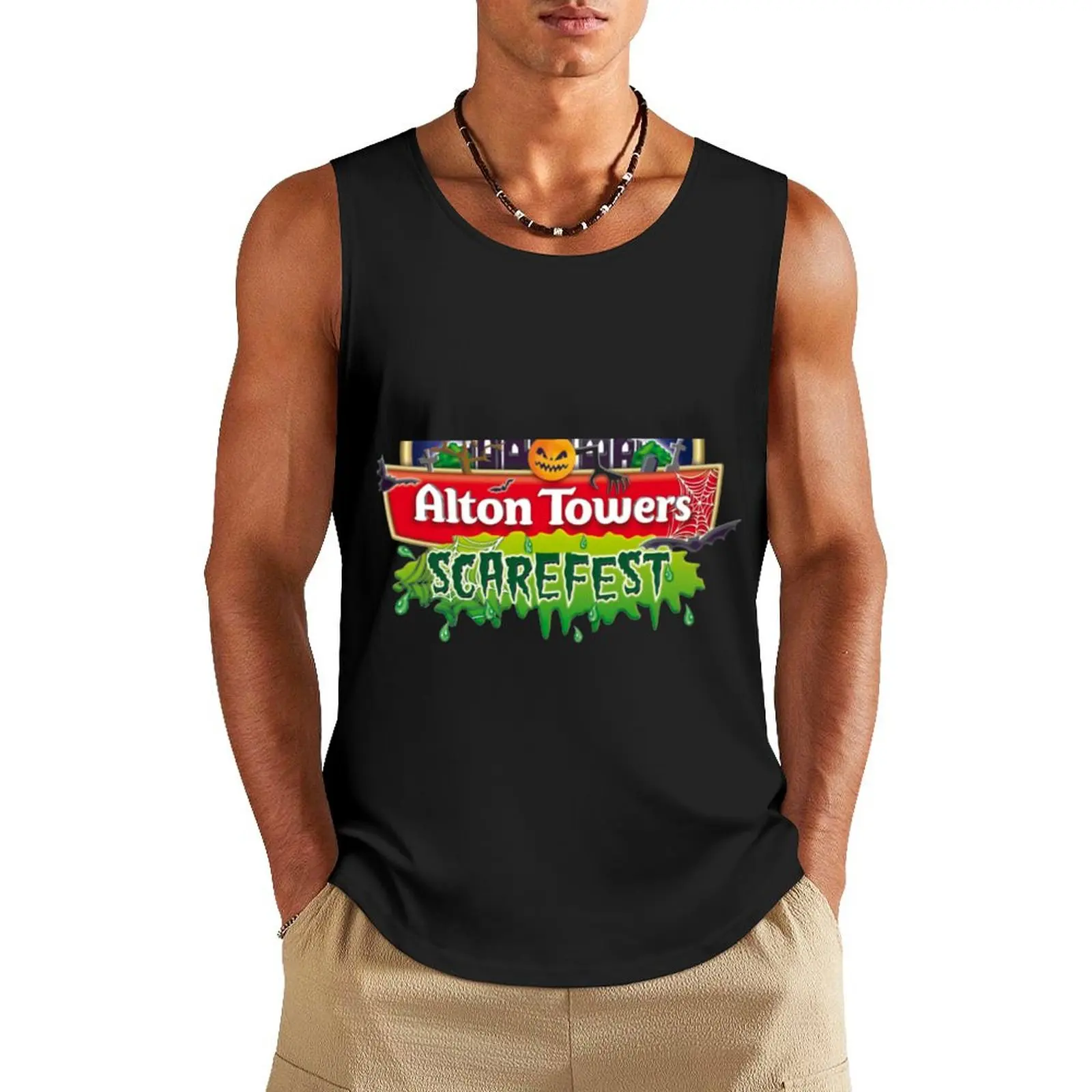 Alton Towers Scarefest 74 Cap Tank Top bodybuilding t-shirt muscular man Gym wear Men's gym t-shirts