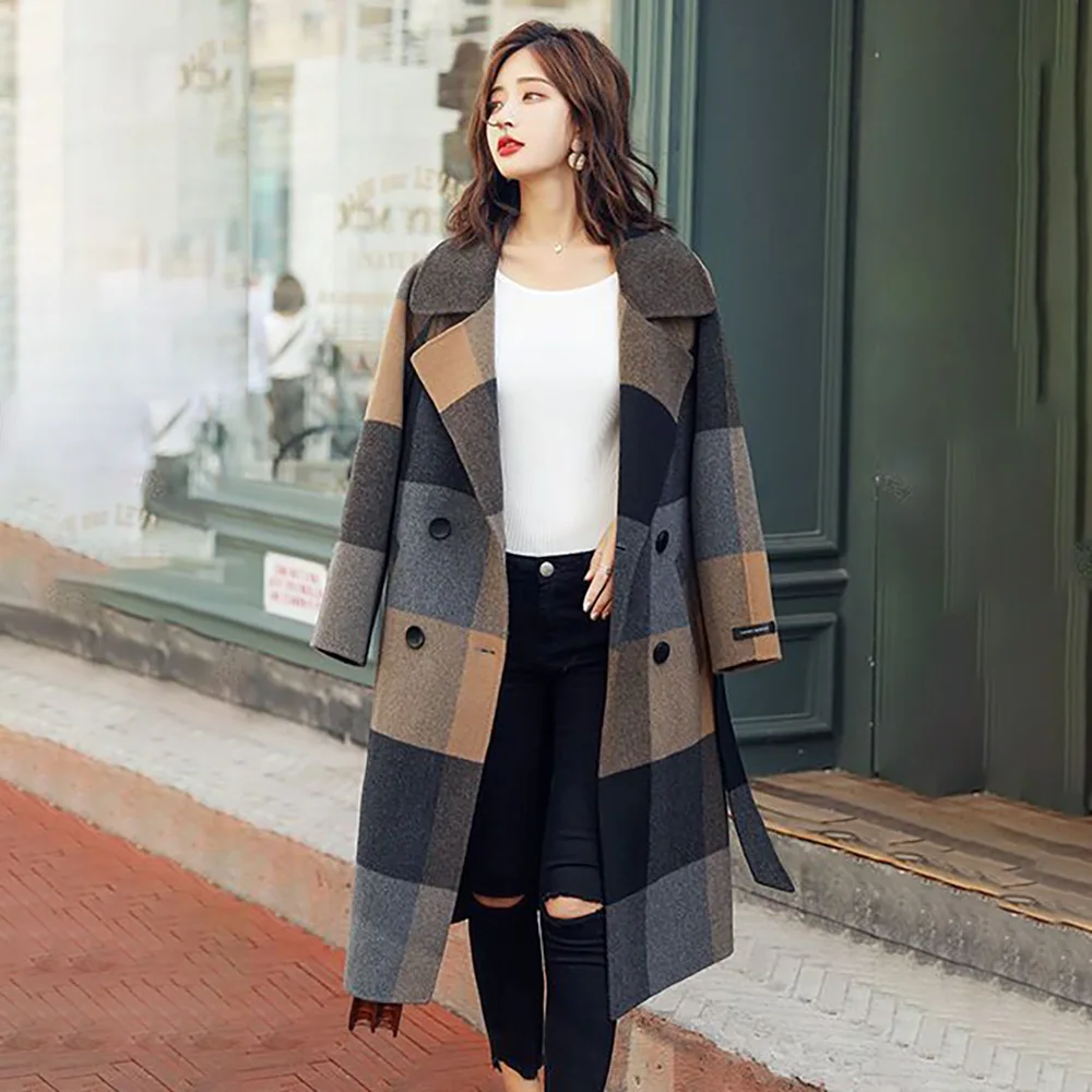 Autumn And Winter New Korean Version Of loose Temperament Plaid Long Woolen Coat Women Waist Tie Slim Fashion Woolen Coat Tide.