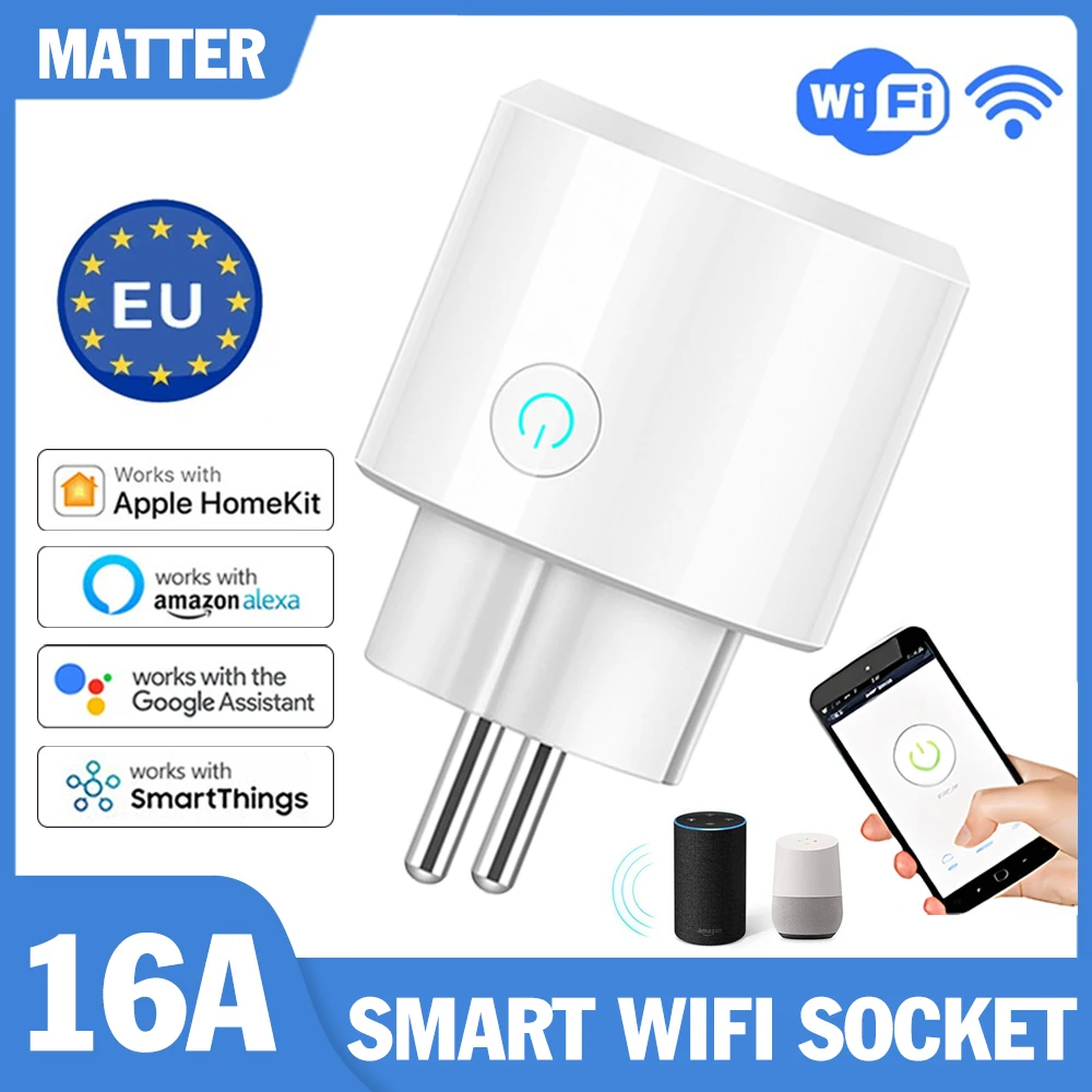 Matter WiFi Smart Power Plug 16A EU Socket Smart Home Apple Homekit Smartthings Remote Control Timing Via Alexa Google Assisant