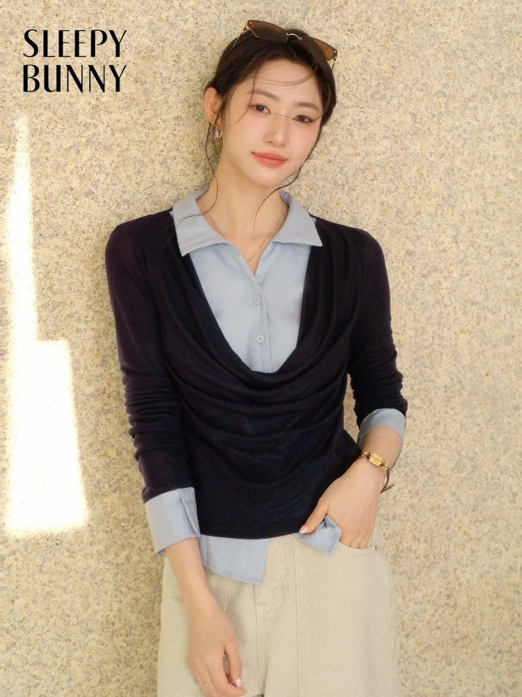 

Women Layered Shirt Top Elegant Patchwork Blouse Slim Fit Long Sleeve Office Casual Chic Spring Summer Commuter Outfit Lady
