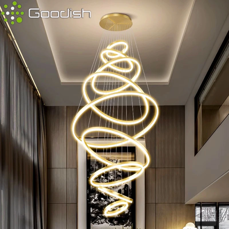 Medieval Bauhaus Luxury Metal Gold Spiral Ring shape Alloy LED Pendant Light Lustre Lamps for Living Room Decoration Chandeliers