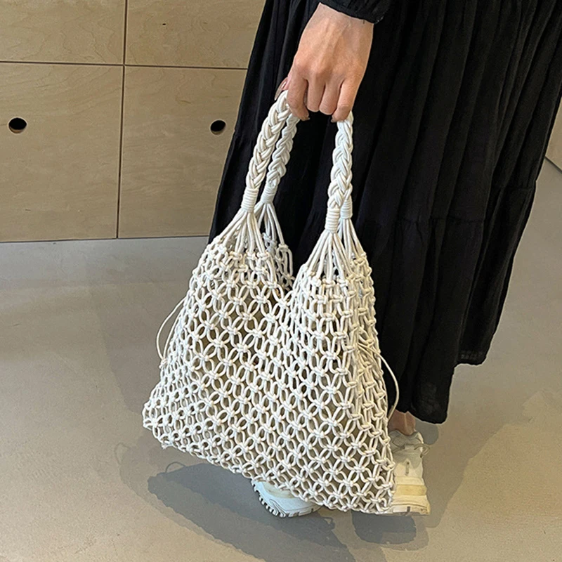 Fashion Crochet Bags for Women Summer Beach Tote Bag Raffia Aesthetic Totes Straw Handbag Bohemian Boho Woven Knit Shoulder Bag