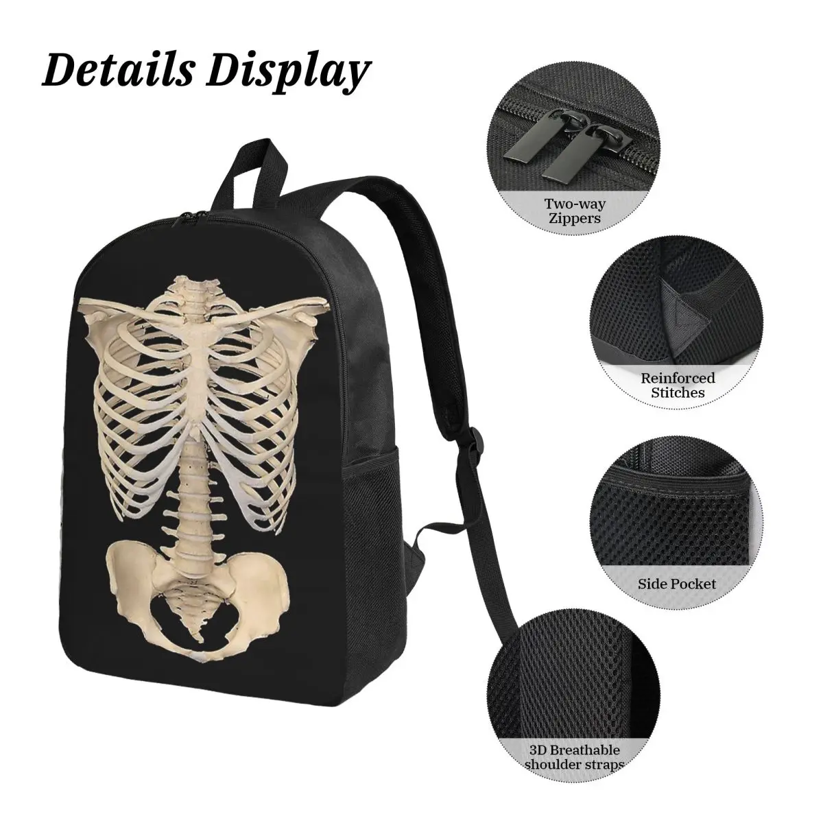 Halloween Gothic Anatomy ซี่โครงกระดูกโครงกระดูกมนุษย์กระเป๋าเป้สะพายหลังเด็ก BookBag โรงเรียนกระเป๋า 3 PS ถุงอาหารกลางวันฉนวนดินสอกรณี