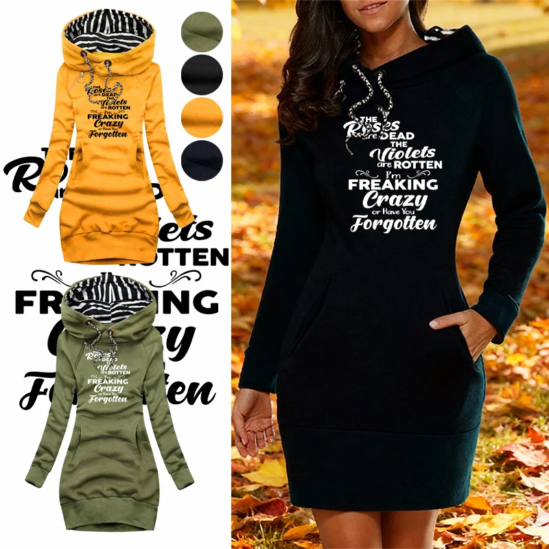 The Roses Are Dead The Violets Are Rotten I'm Freaking テキストプリント 秋冬 フード付きドレス レディースドレス