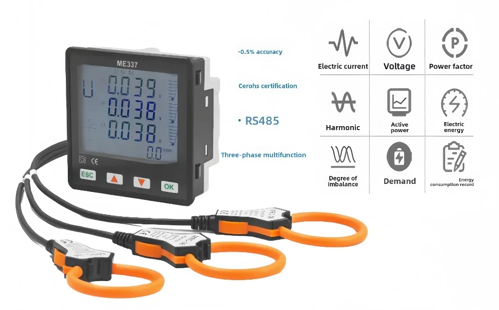ME337 Smart Bidirectional Three Phase Power Meter RS485 Energy Consumption Monitor Real-time Kwh Detector