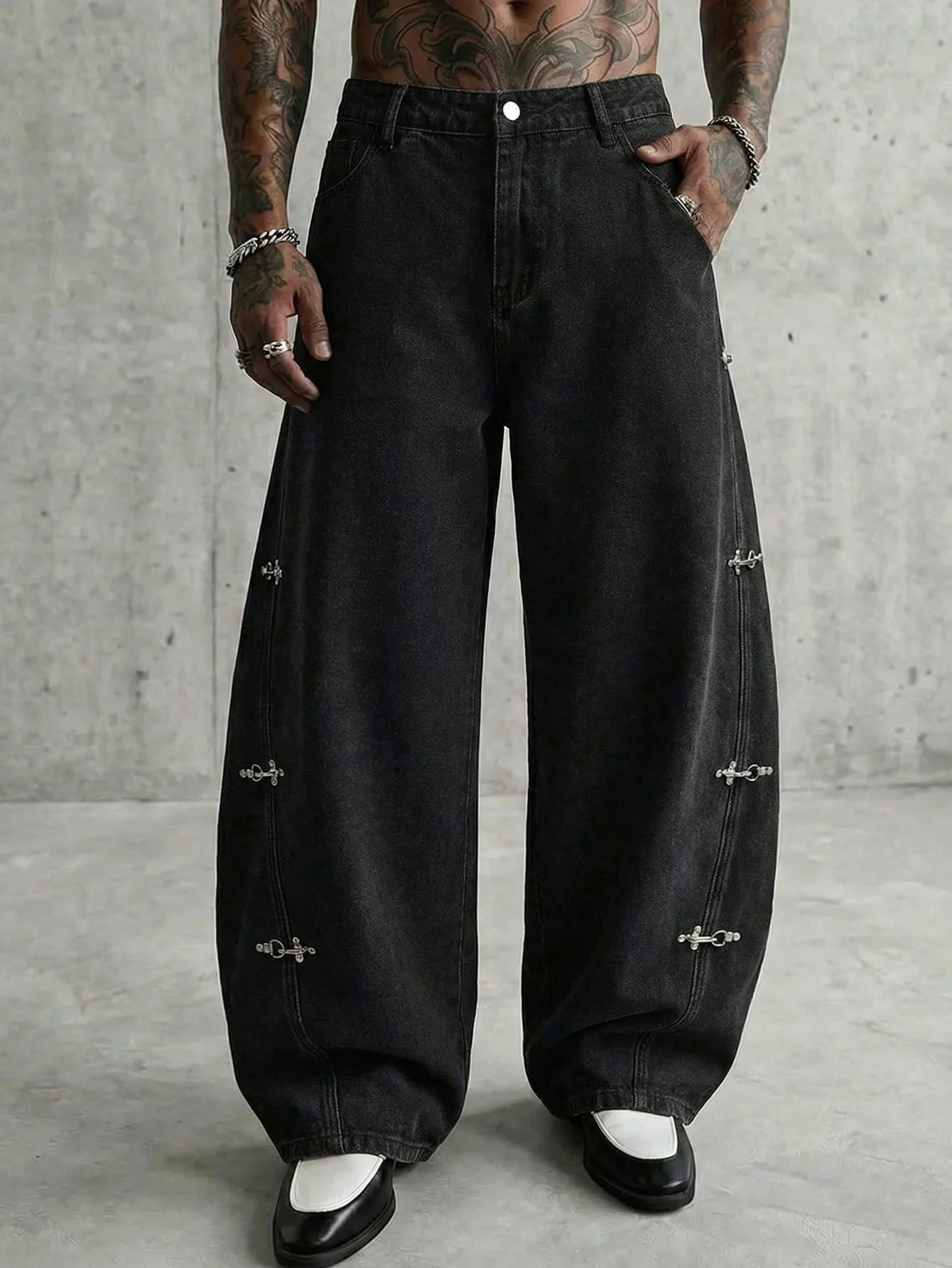 European American dark streetwear men's wide-leg denim pants metal snap fastening loose trendy casual pants high street style