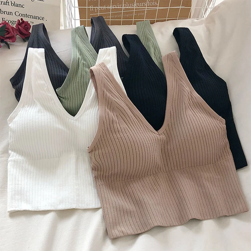 Women Seamless Bra Camisole Underwear Crop Top Free Size Black Khaki Green Vertical Stripe Girl Breathable Sports Fitness Yoga