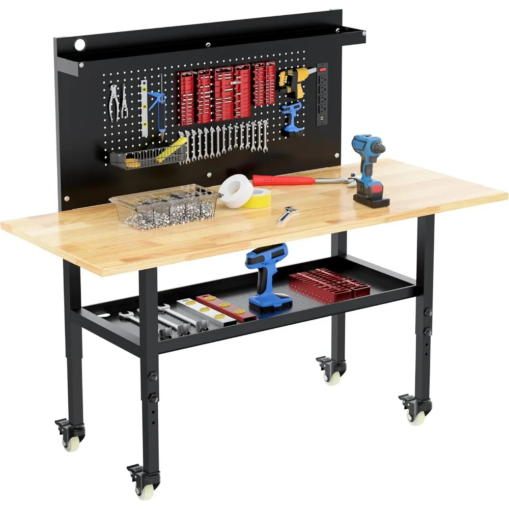 60" Heavy Duty Adjustable Workbench with Large Pegboard& Partition, Adjustable Work Table with Power Outlets & Lockable Wheels