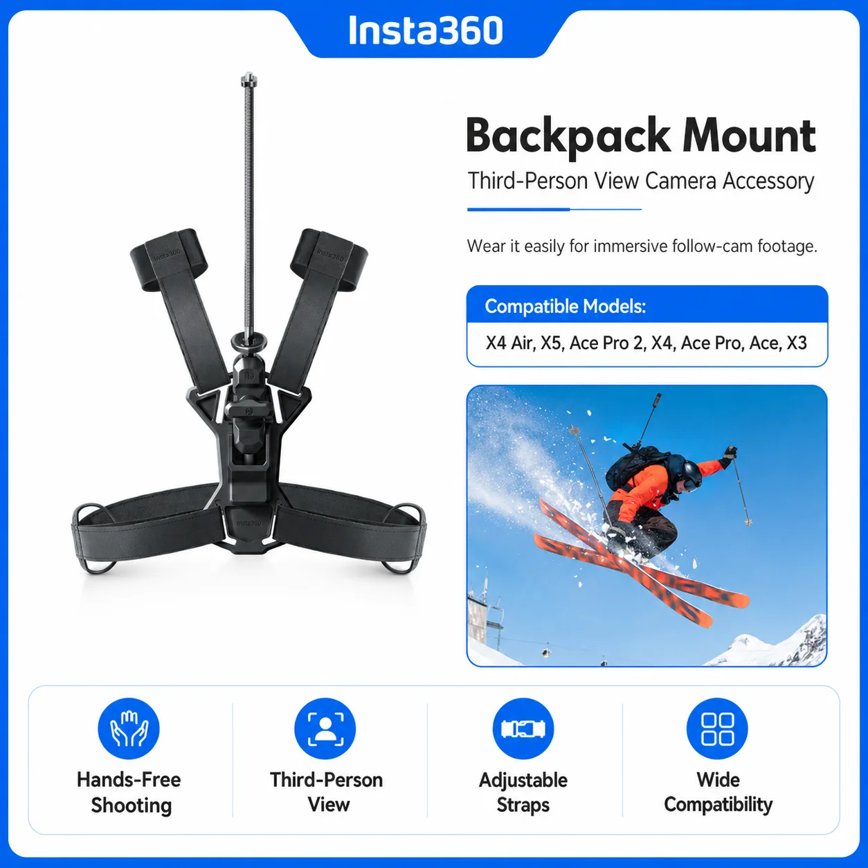 Insta360 Rugzakbevestiging Derde-Persoons-View Handsfree Camera Houder voor X5 X4 Air X4 X3 Ace Pro 2 Ace Pro Ace