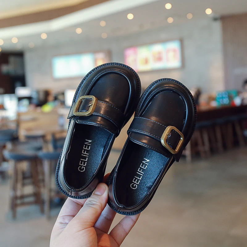 2023 Children Fashion Black Britain Style Girls Shallow Loafers Buckle Classic Round-toe Kids Shoes Dropshipping Simple Non-slip