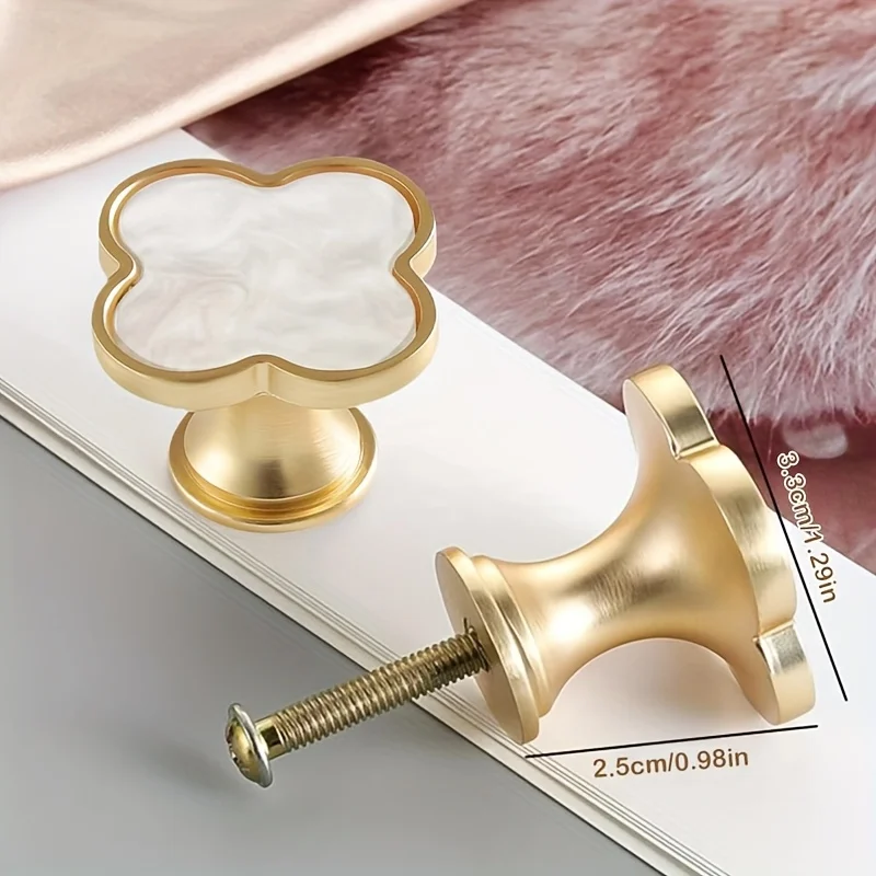 2pcs Golden Leaf Clover Cabinet Handles Polished Zinc Alloy Drawer Pulls for Dresser Stylish Bathroom Vanity Hardware with Screw
