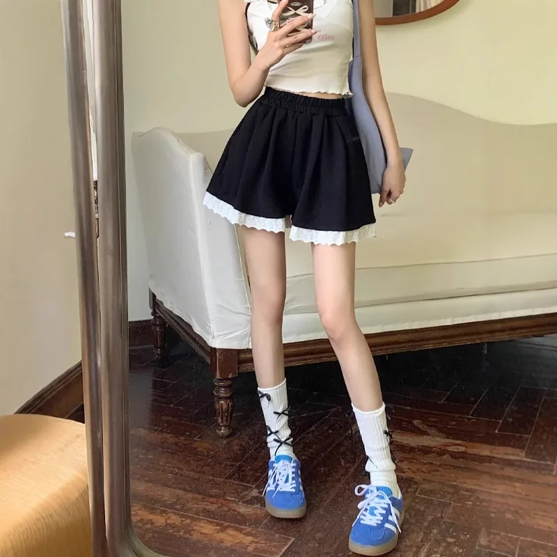 Lace Gray Casual Pants Female Summer Elastic Waist Loose Shorts