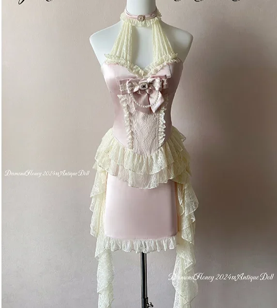 Princess Exquisite French Romantic Hanging Neck Sweet Bow Pink Halter Top Slim Vest Mini Skirt Women\'s Organza Cake Skirt Set