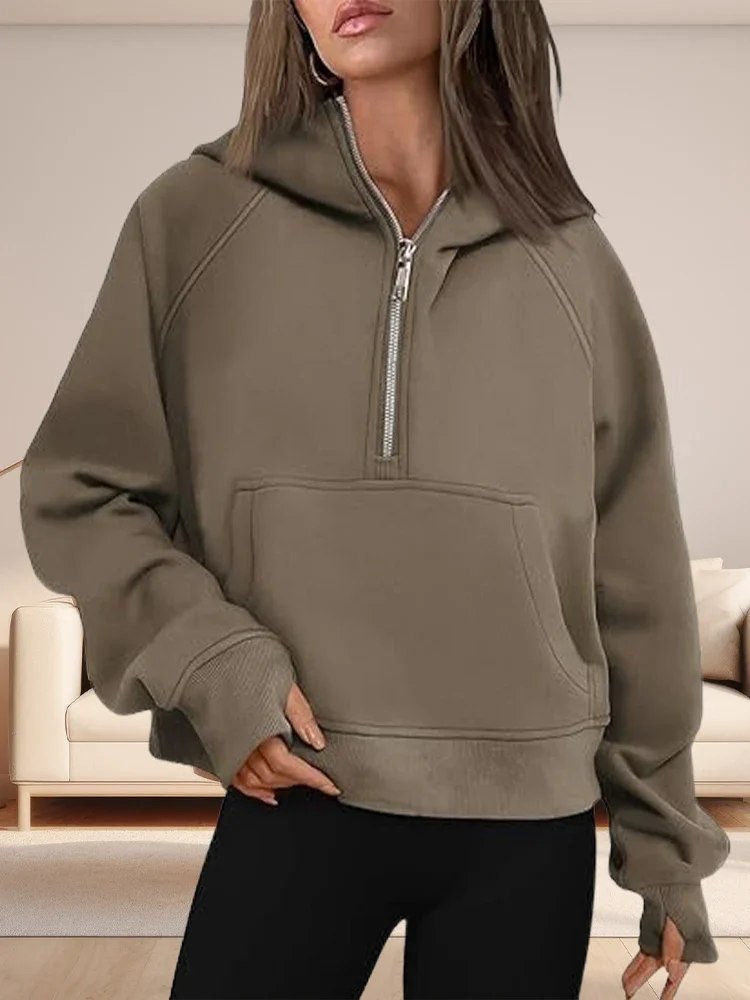 2024 Fall Stand Collar Half Zip Women Sweatshirt Thicken Long Sleeve Hooded Pockets Female Pullovers Loose Fitness Woman Hoodies